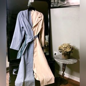 Blue and cream trench coat.